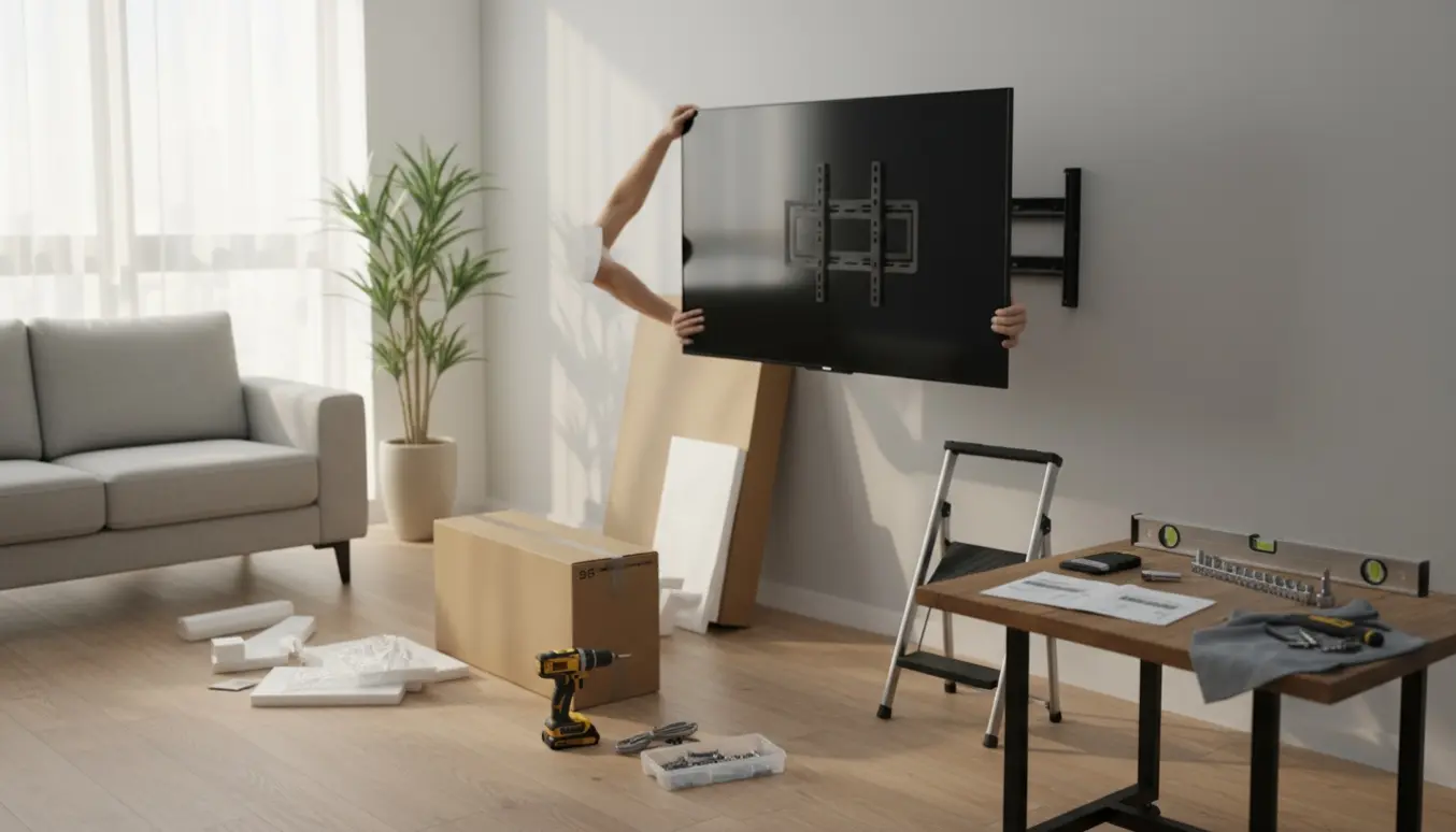 To personer løfter et tv på væggen med beslag og værktøj klar i et lyst, ryddeligt stuelehjørne.