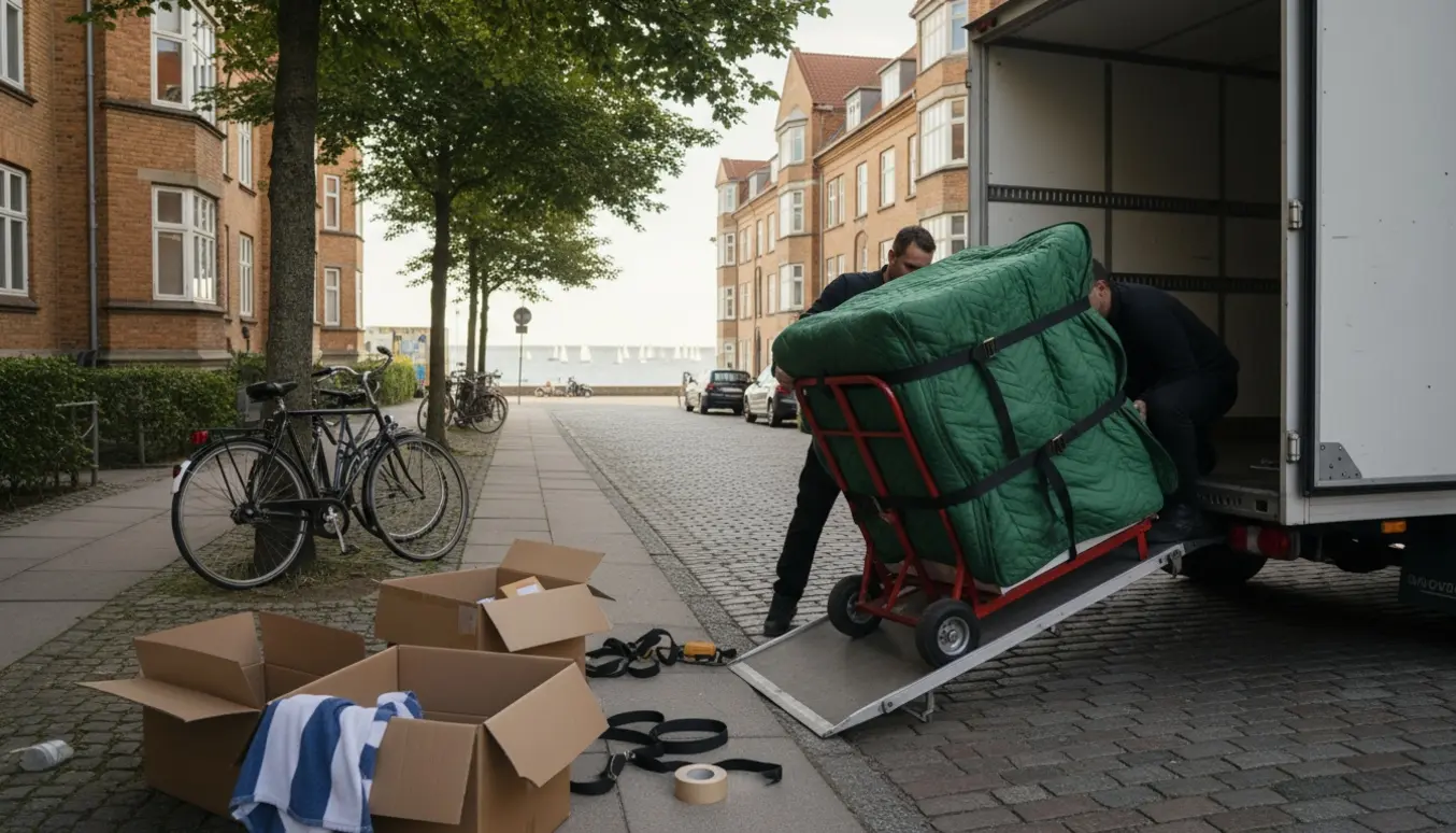 Pakket komfur på rullebære ved en flyttebil foran en Østerbro‑ejendom med havet svagt i baggrunden.