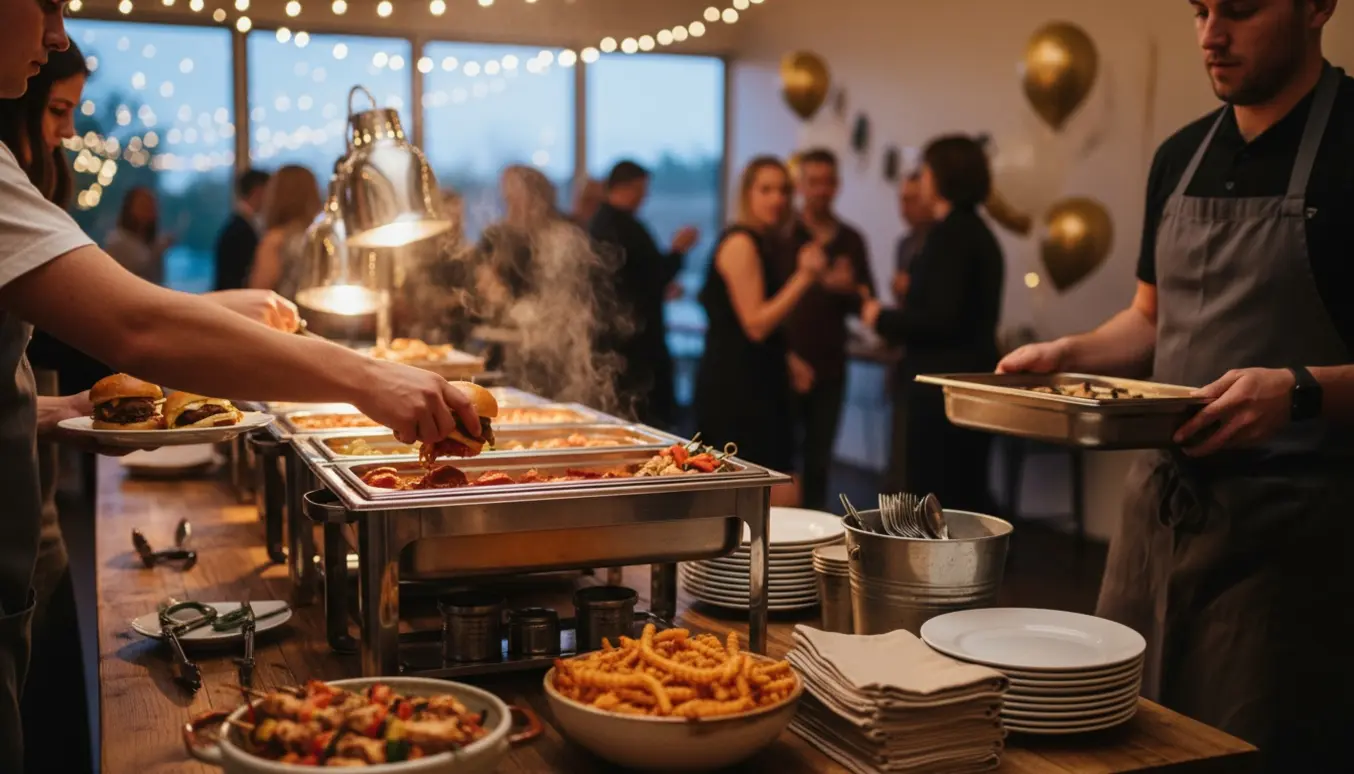 Buffetservering med varm natmad og løbende oprydning under en 30-års fest, med stabler af tallerkener og serveres i varme lys.