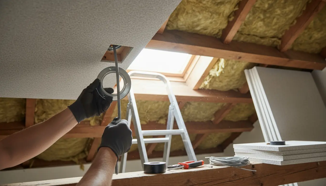 Elektriker forlænger et strømudtag i loftet under montering af Troldtekt-paneler.