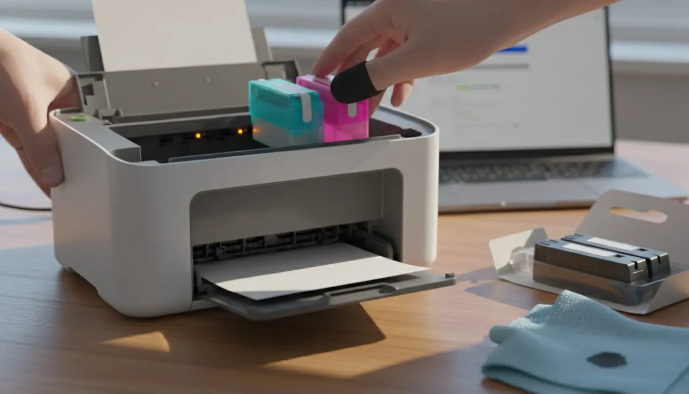 Nærbillede af en fotoprinter med åben patronbakke, to advarselslamper tændt og hænder, der fejlfinder.