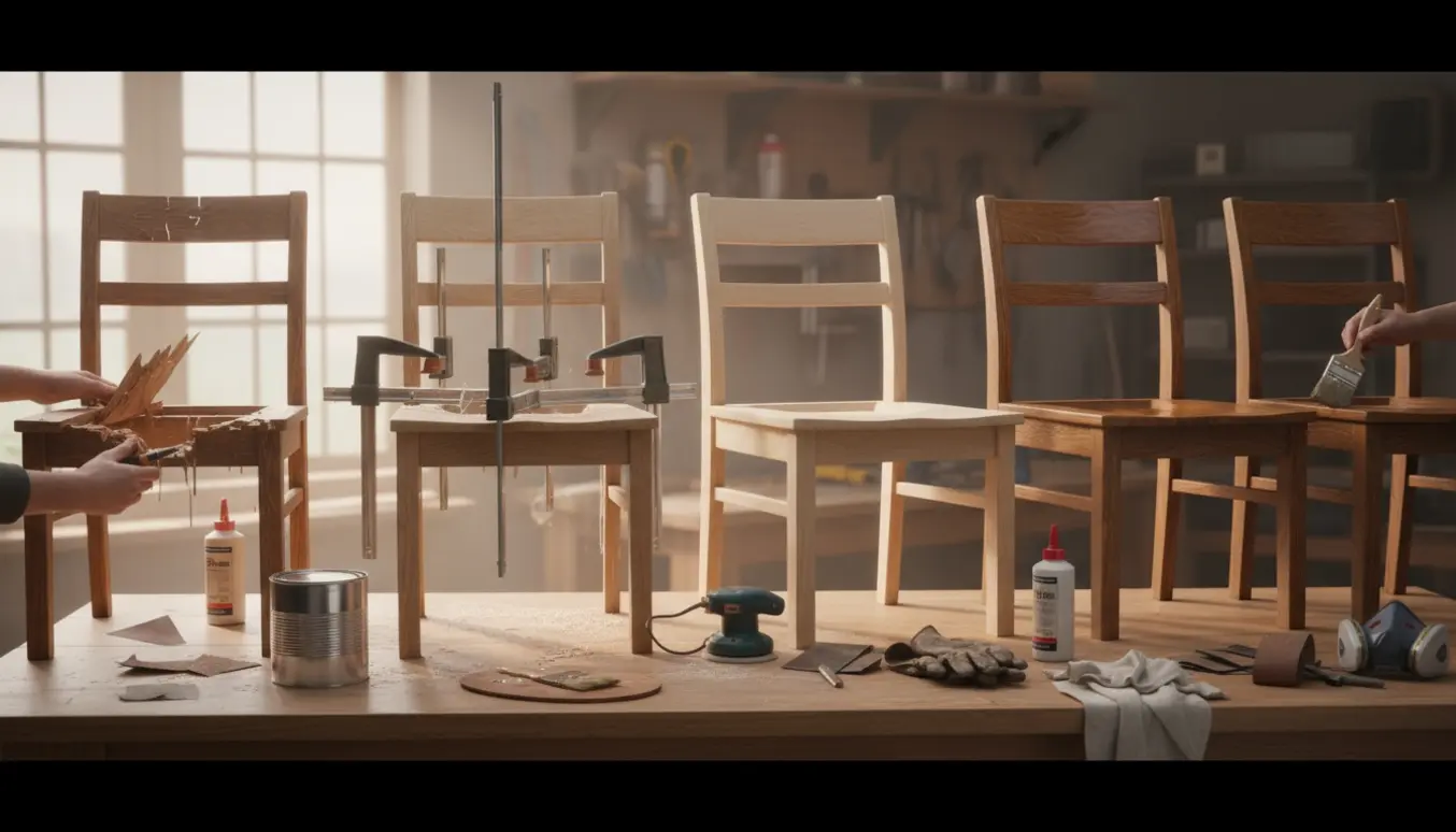 Seks egetræs spisestole på værksted i forskellige stadier af restaurering med skruetvinger, slibemaskine og lak.