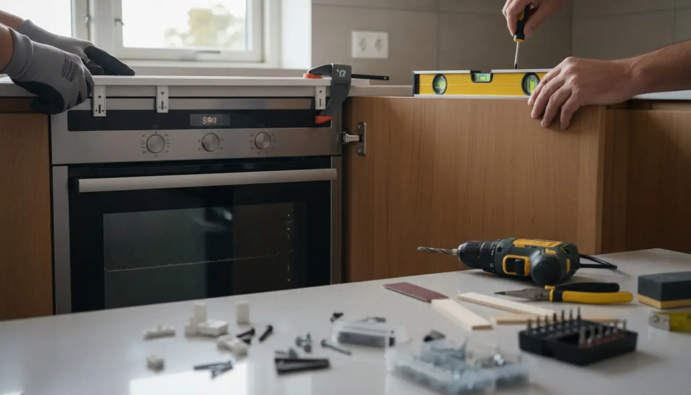 Hænder monterer et hvidt dækbræt over en ny ovn og retter en skæv køkkenlåge med skruetrækker.