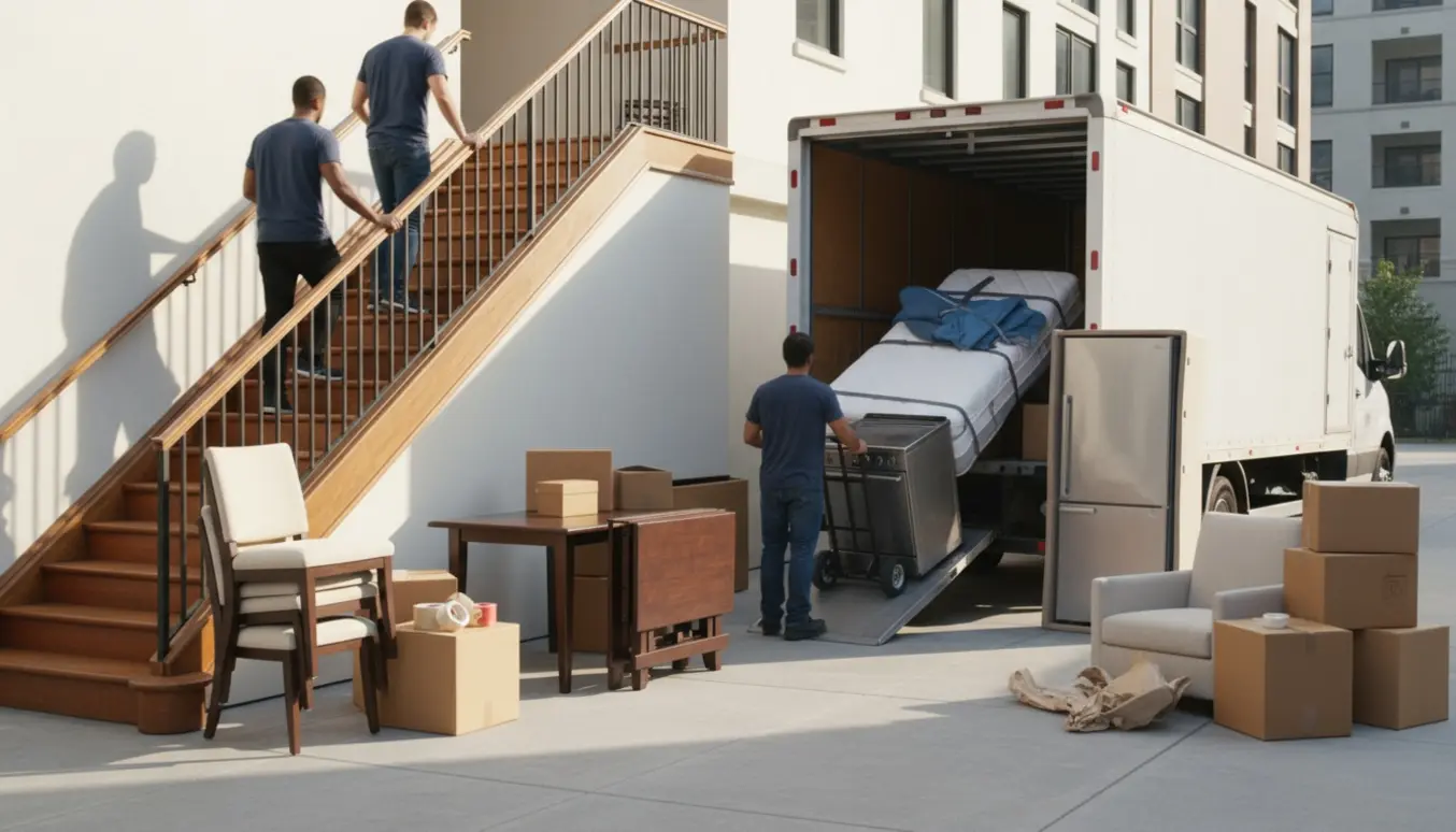 Flyttefolk bærer møbler, køleskab og omkring 20 flyttekasser fra en lejlighed til en flyttevogn.