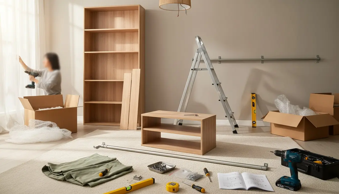 Hænder samler reol og tv-bord, monterer gardinskinner og hænger lampe i en lys stue.