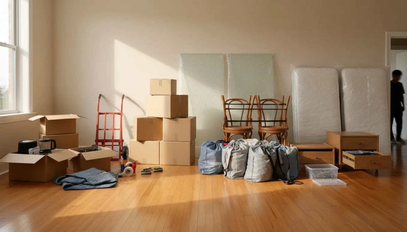 Stue med stabler af papkasser, indpakkede glasplader, stole, madrasser og flytteudstyr klar til flytning.