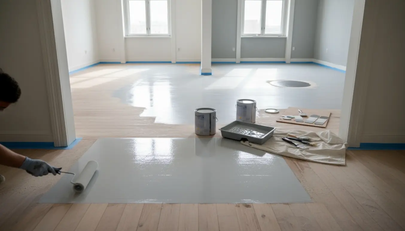 Nyslebede gulve i fire tilstødende rum med malerredskaber og friske malingslag.