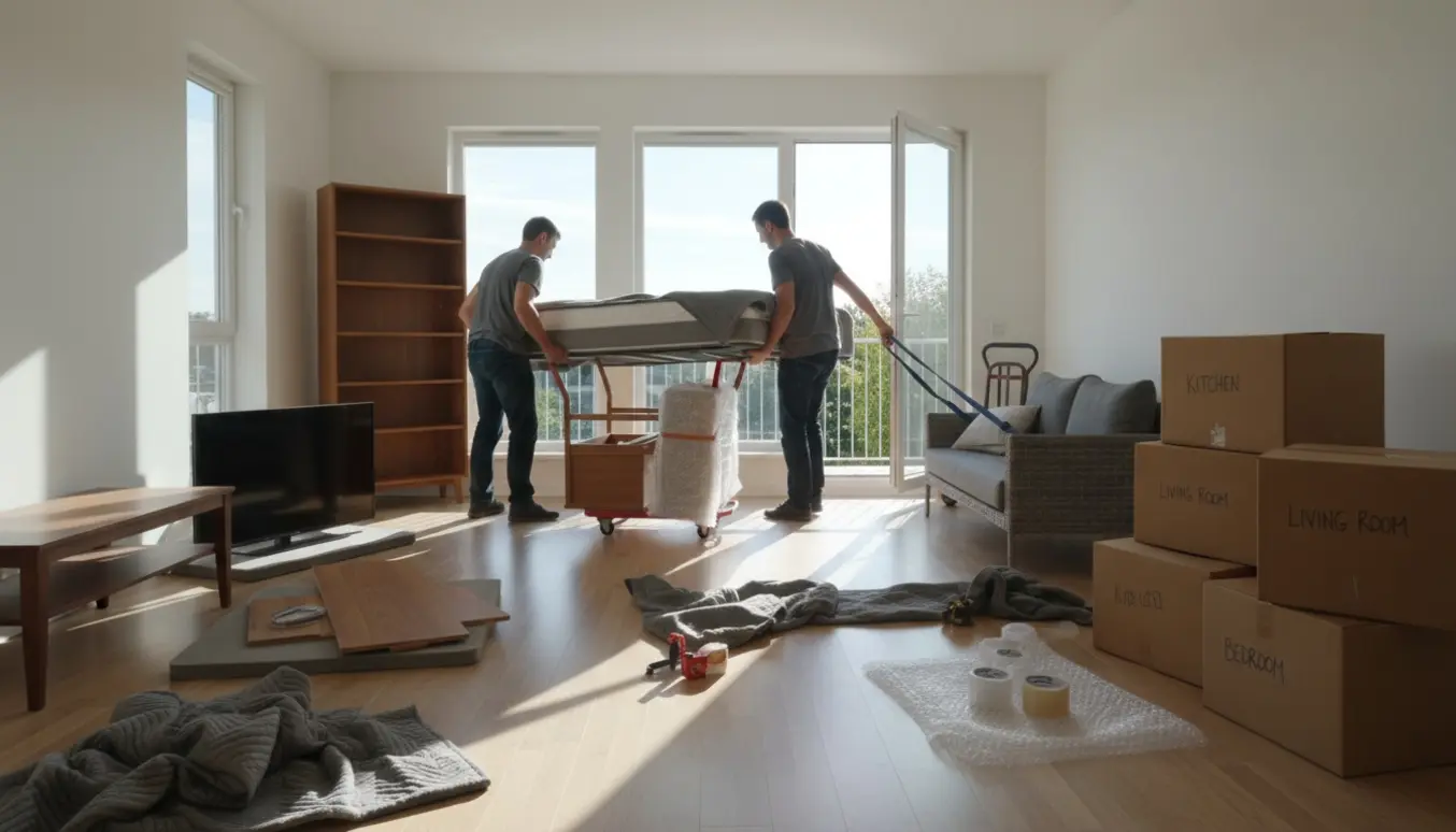 Lejlighed midt i flytning med dobbeltseng, reol, tv-reol, altansofa og stabler af papkasser.