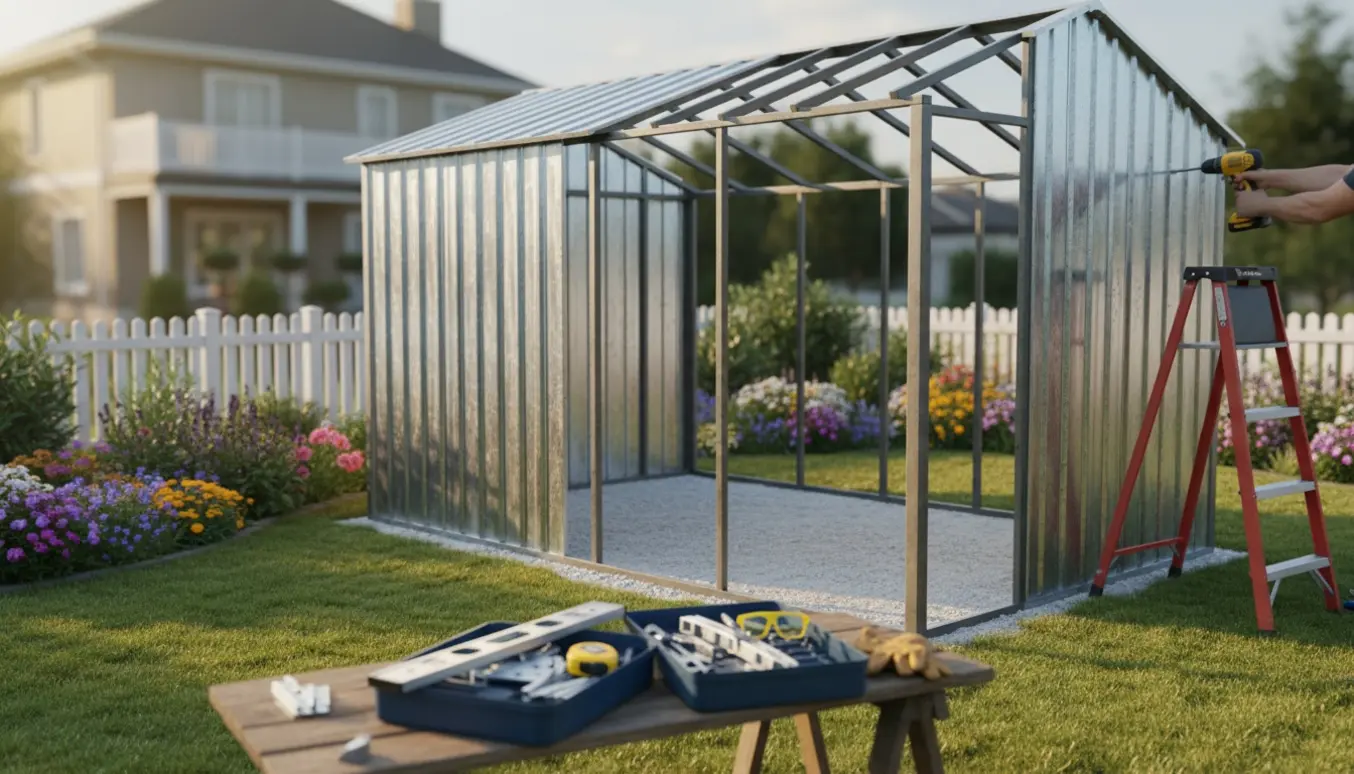 Delvist opsat stålskur i have med værktøj og handsker i varm naturlig belysning.