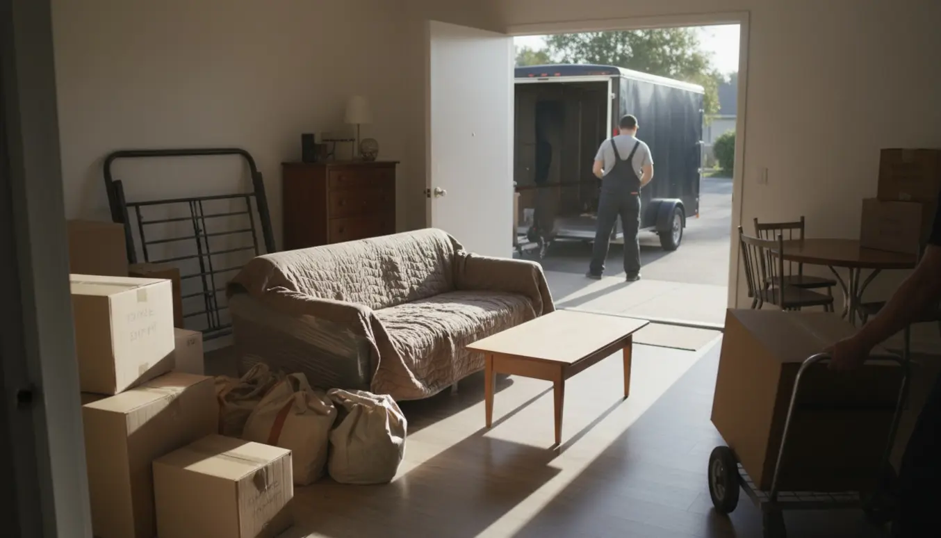 Flyttescene med møbler, stabler af flyttekasser og en lukket trailer set gennem en åben dør.