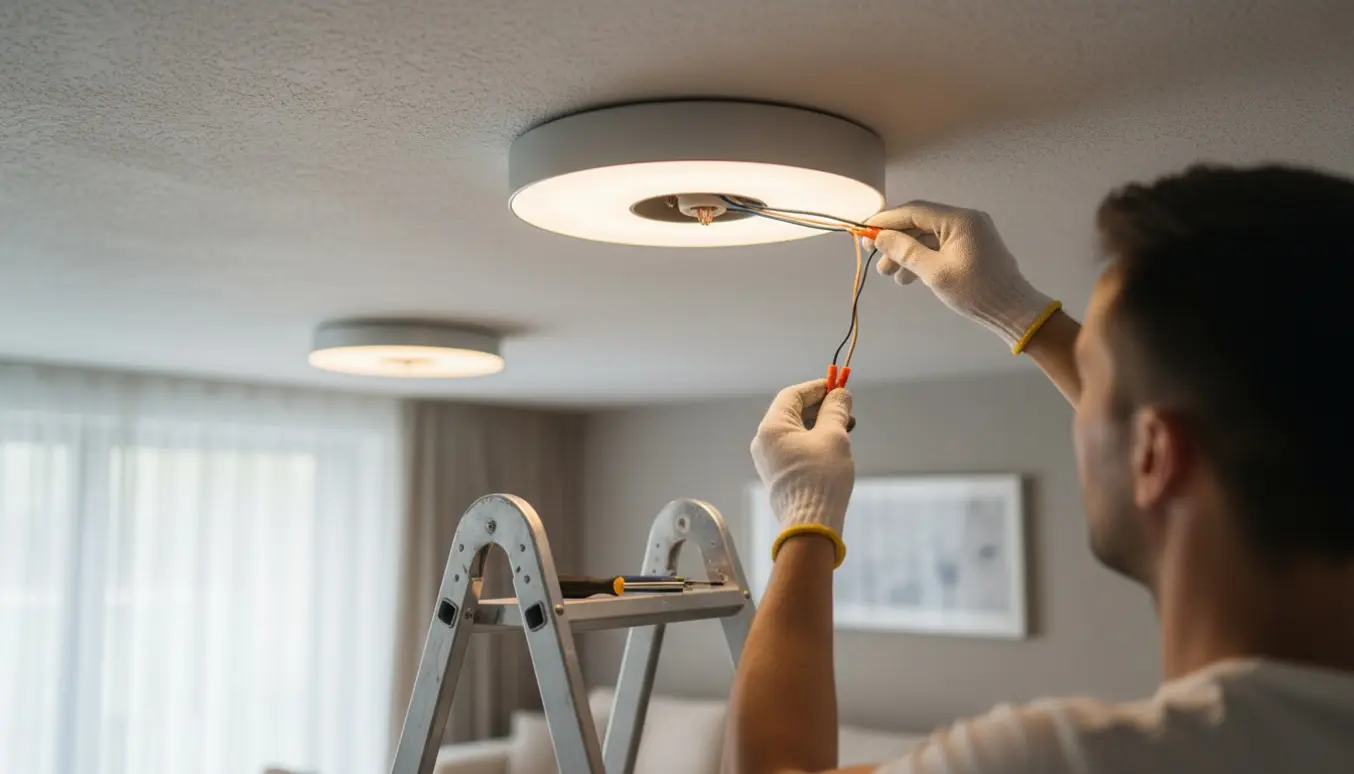 Nærbillede af hænder, der monterer en loftslampe på en stige, med en anden lampe monteret i baggrunden.