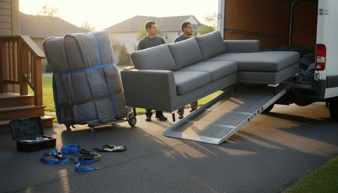 En chaiselong-sofa pakket ind i flyttetæpper løftes ind i en åben flyttebil på en stille villavej.