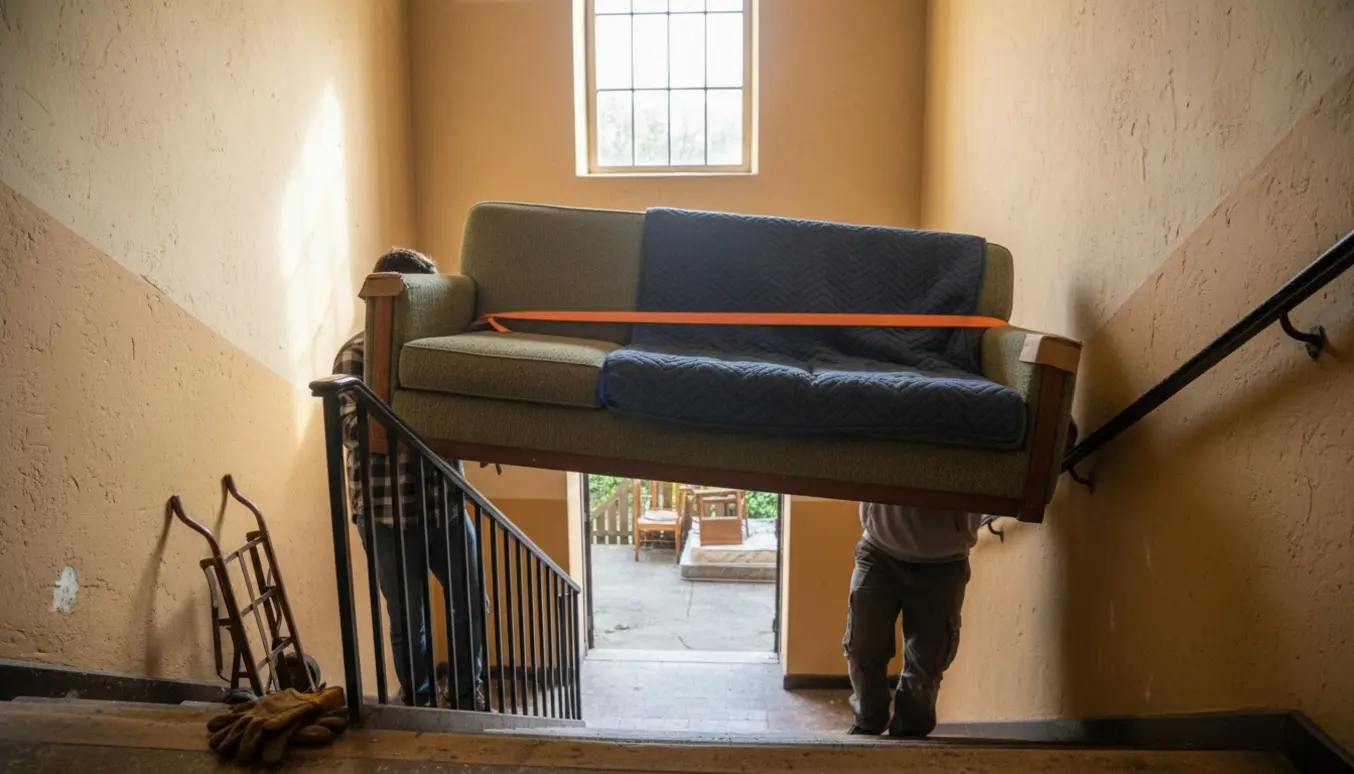 To personer bærer en indpakket sofa ned ad trappen fra 4. sal mod genbrugsstationen i gården.