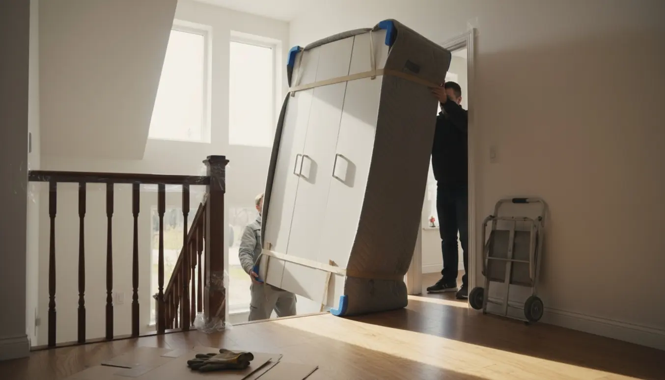 To personer bærer et stort hvidt skab op ad en trappe med flyttetæpper og stropper, set bagfra.
