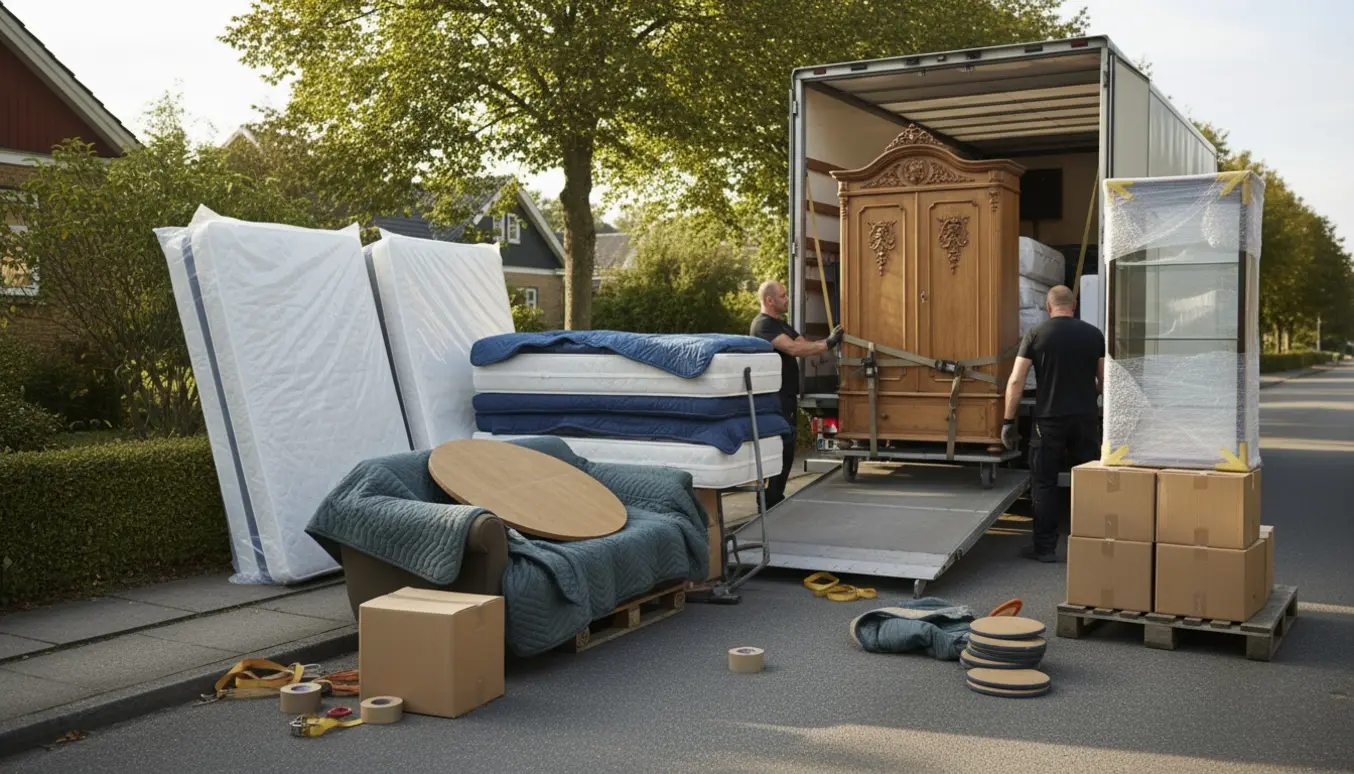 Flyttelæsning med madrasser, sofa, karlekammerskab og ti flyttekasser pakket og læsset ind i en flyttebil på en solrig dag.