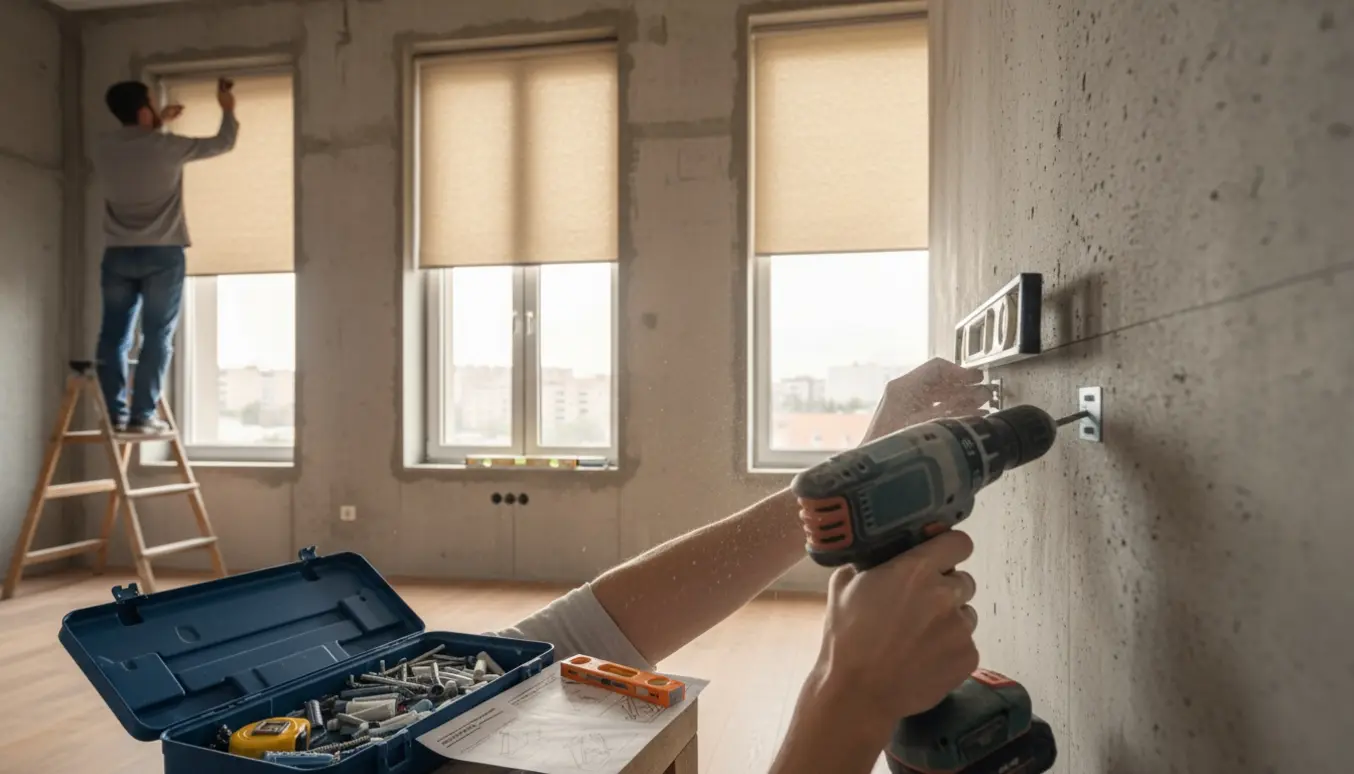 Hænger tre beige rullegardiner op på en rå betonvæg i en lys lejlighed med værktøj og plugs klar.