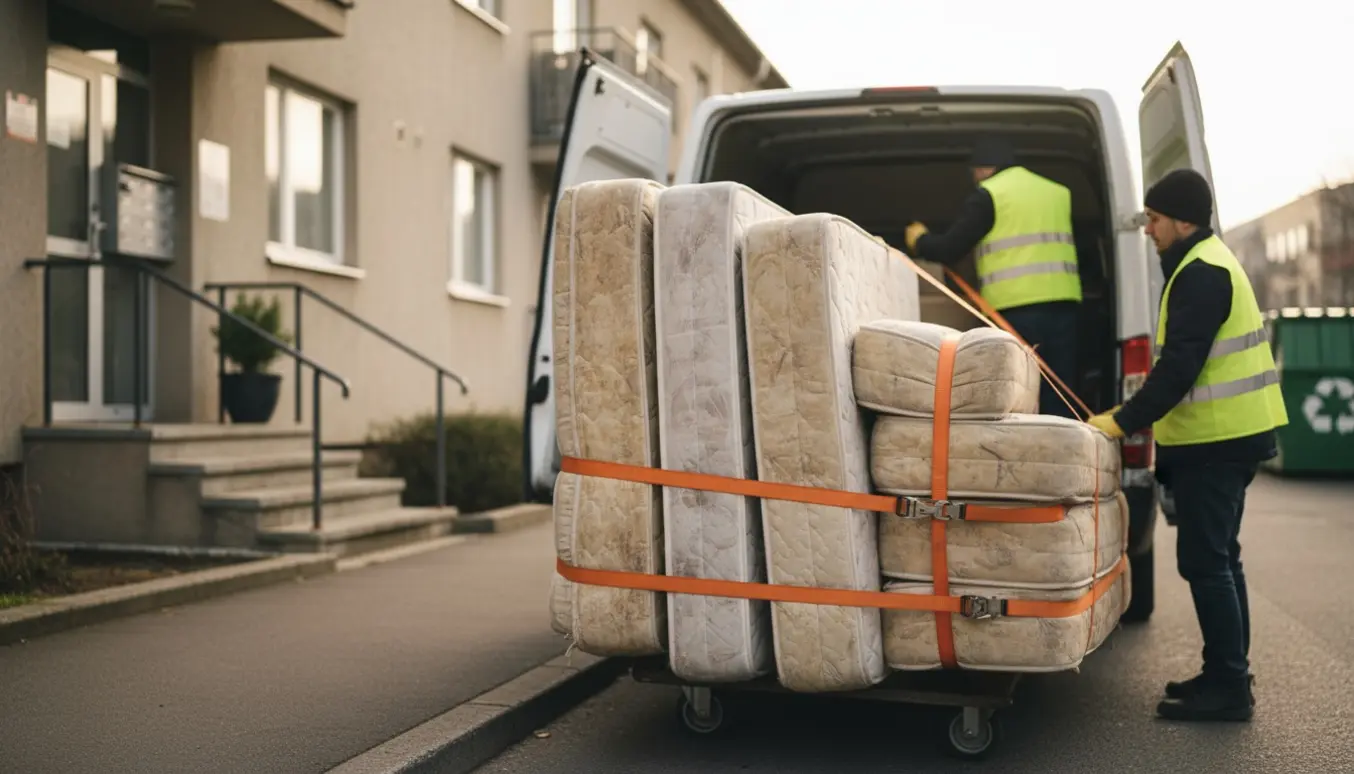 Fire beskidte madrasser læsses i en hvid kassevogn foran en boligblok klar til transport til genbrugsstationen.