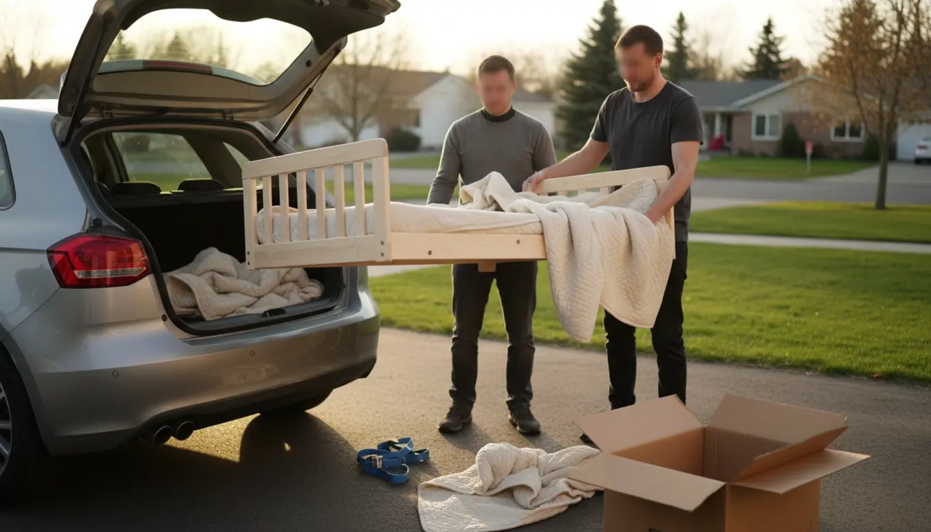 En juniorseng i lyst træ bliver løftet ind i bagagerummet på en bil i en forstadsgade.