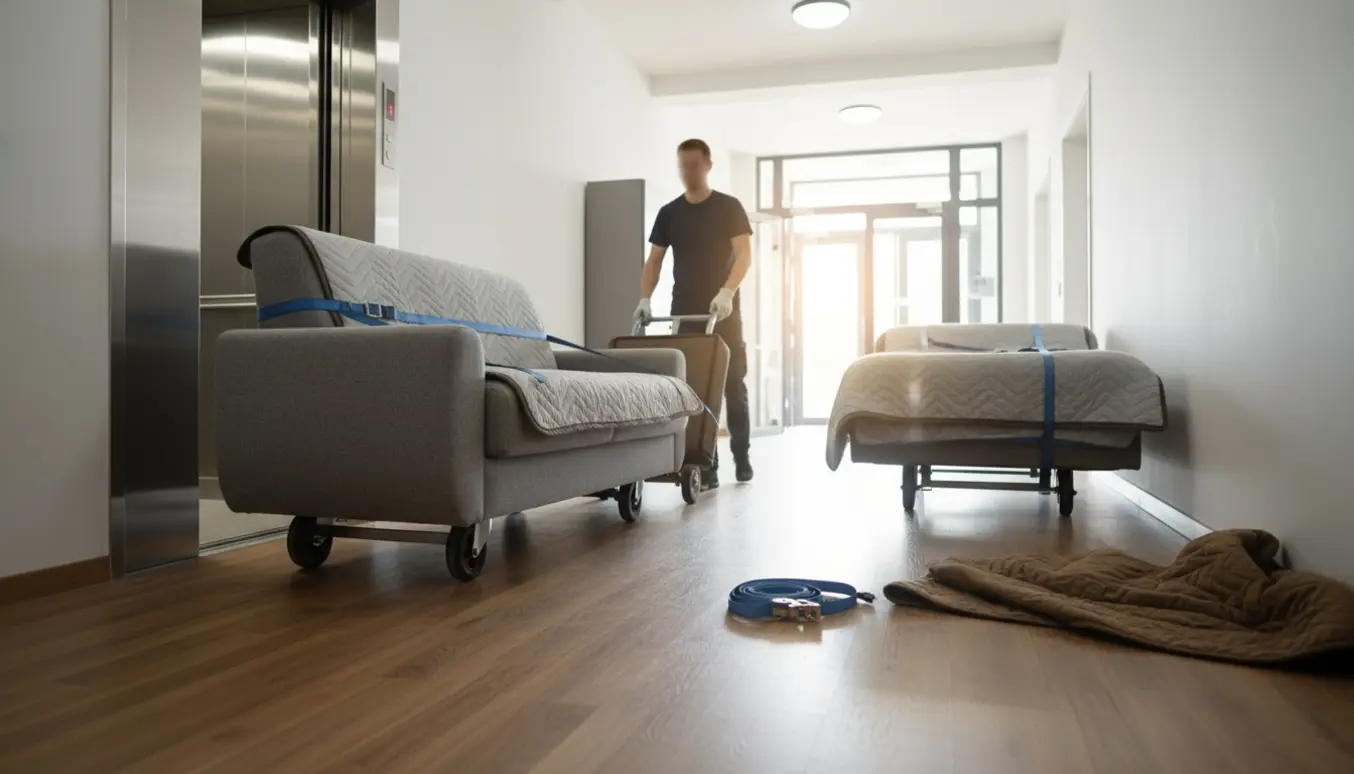 To flyttemænd ruller en indpakket seng og en 2,5-personers sofa mod en åben elevator i en lys opgang.