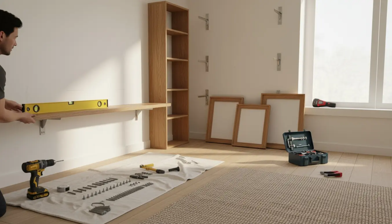 To træreoler monteres på to vægge i et lyst rum, mens fem billedrammer hænges op.