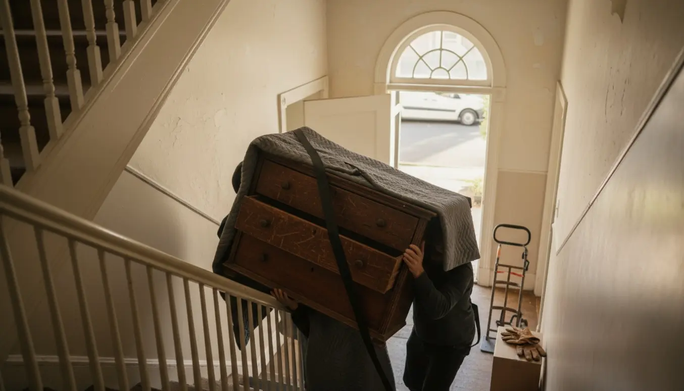 To personer bærer en gammel kommode ned ad en opgangstrappe mod en ventende flyttebil.