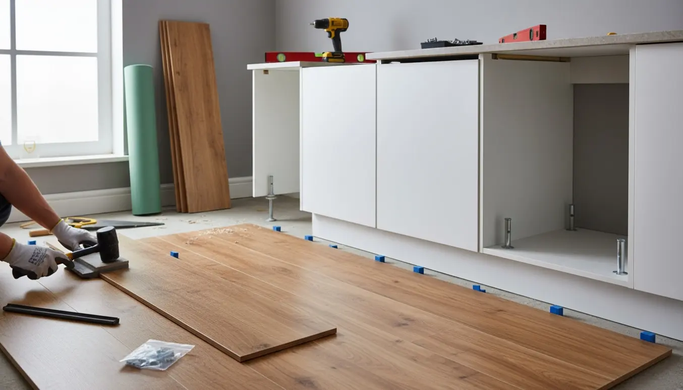 Installation af klik-gulv og montering af et lille køkken med færdigsamlede elementer i et lyst rum.