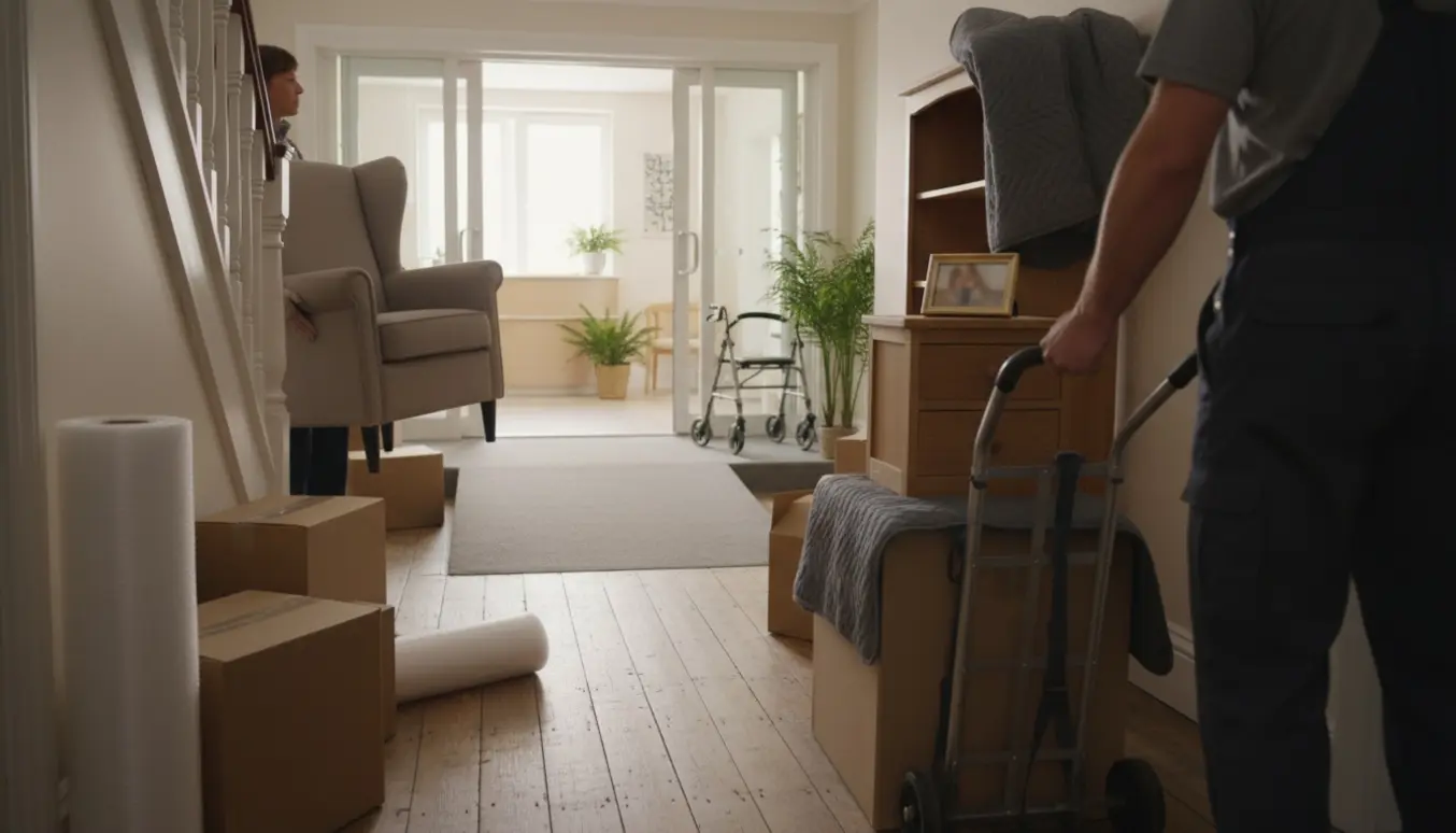 Flytning af møbler og flyttekasser fra et rækkehus til et plejehjems indgang med håndtruck og rollator synlige.