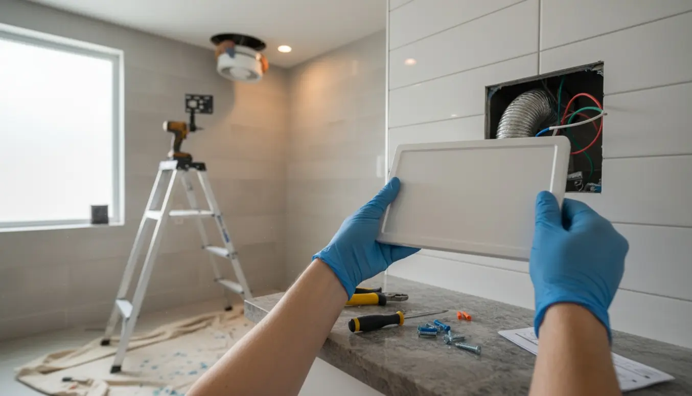 Hænder og værktøj ved udskiftning af to baderumsventilatorer i et lyst badeværelse.