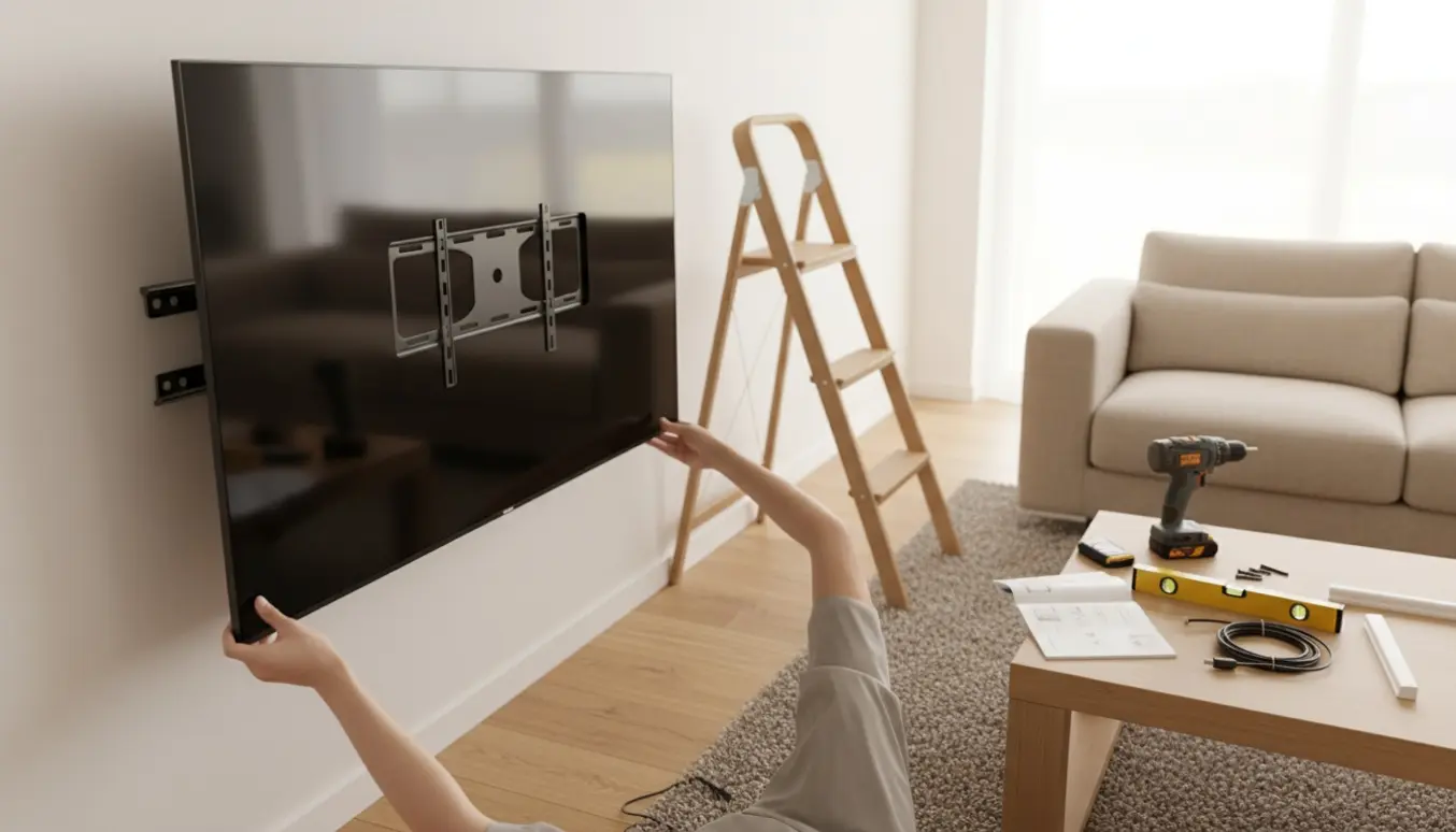 En tekniker monterer et nyt fladskærms-tv på en væg i en lys, moderne stue.