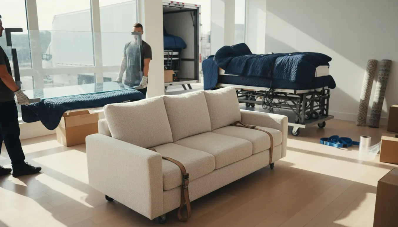Flyttefolk bærer en sofa og et glasbord ind i en lys lejlighed, med indpakkede elevationssenge og rullede tæpper ved døren.