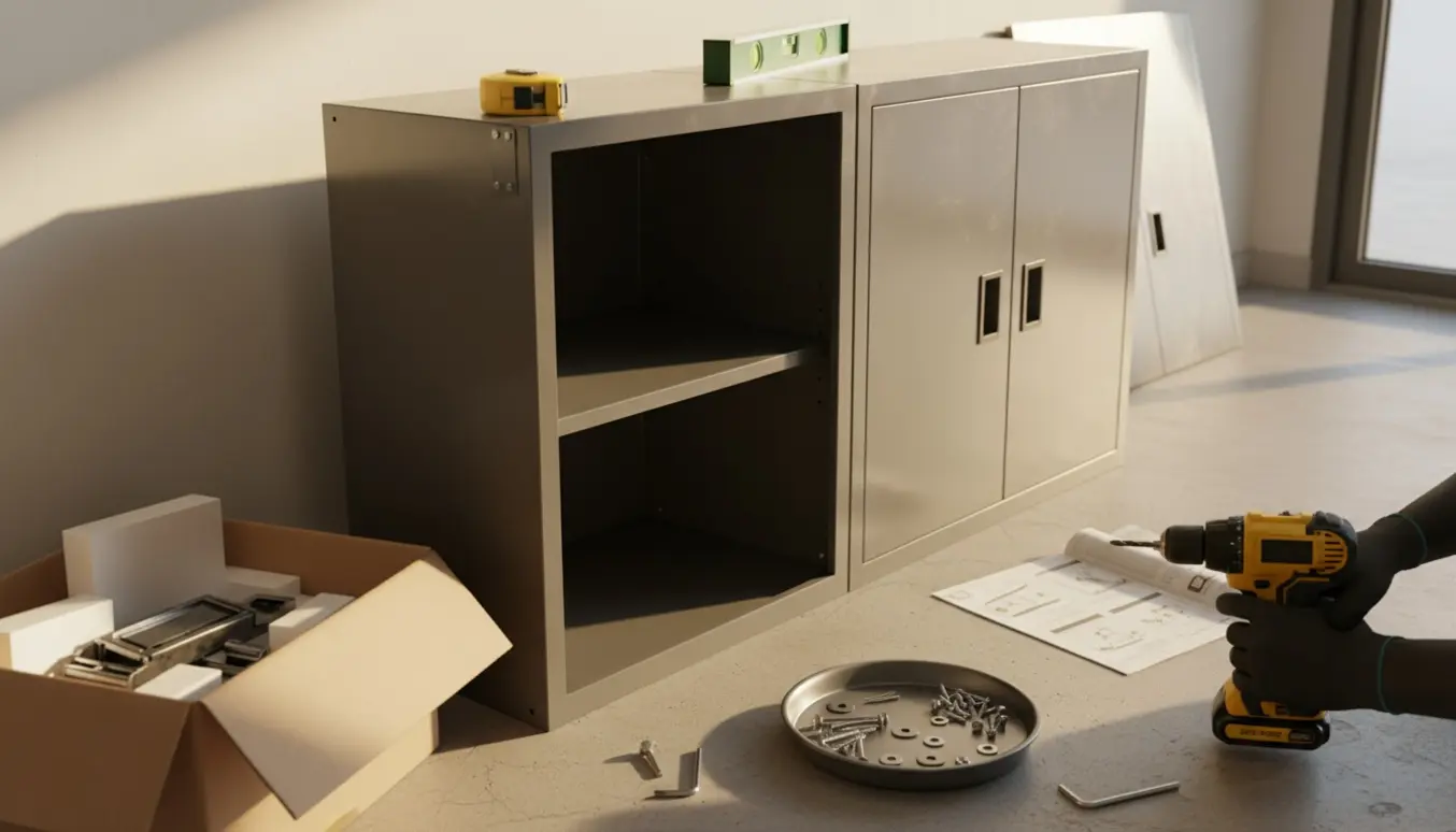 Halvfærdigt stålskab i hjemmet med hænder, der bruger en bore-/skruemaskine og værktøj spredt omkring.