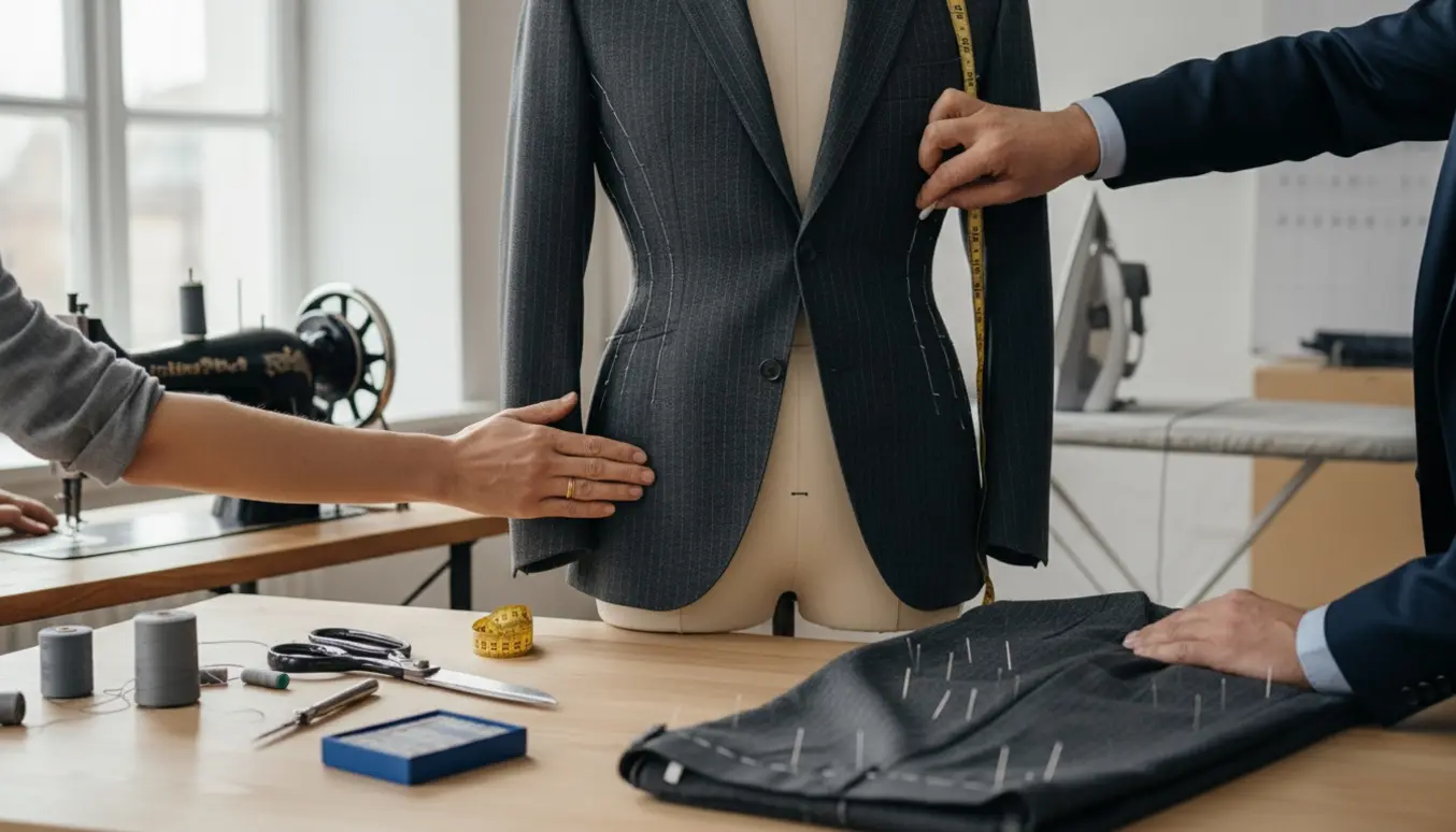 Hænder justerer jakkesætets jakke på en dukke og fastgør buksernes oplæg med nåle i et lyst skrædderværksted.
