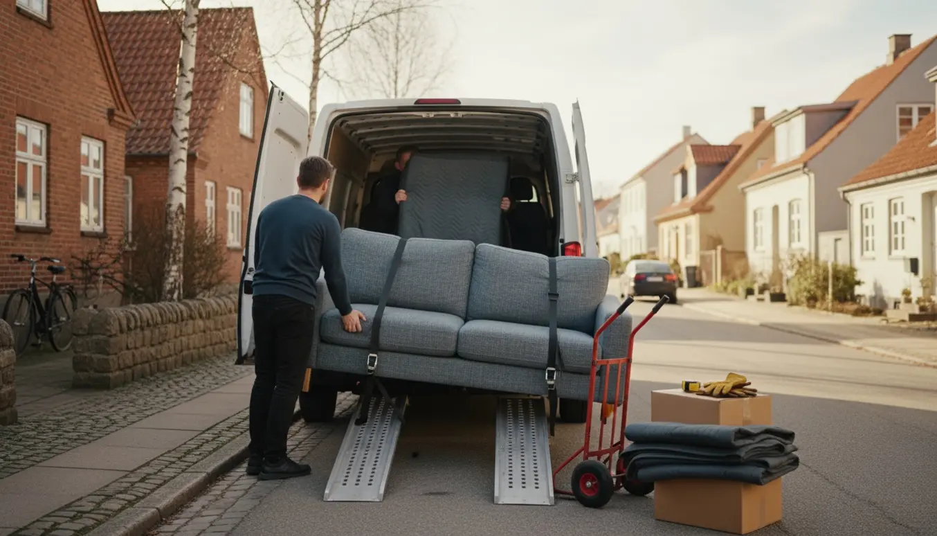 En sofa læsses i en varevogn på en stille dansk villavej, pakket med tæpper og sikret med stropper.