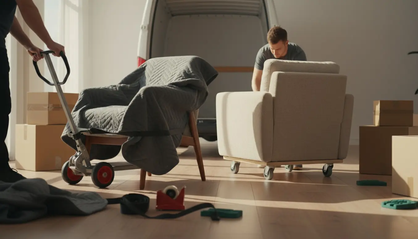 To lænestole bliver båret ud af en lys lejlighed mod en hvid flyttevogn, den ene indpakket i et flyttetæppe.