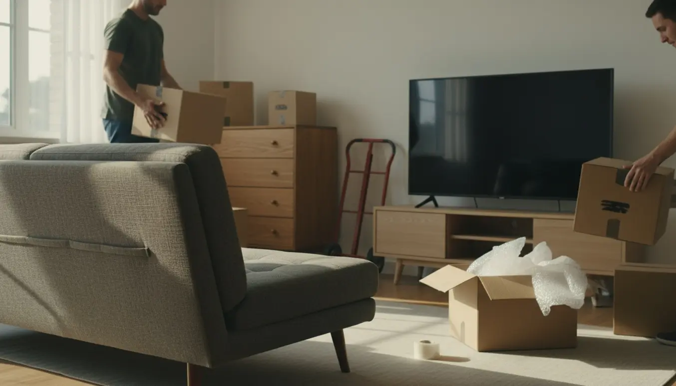 Stue klar til flytning med sofa, kommode, TV og et par flyttekasser.