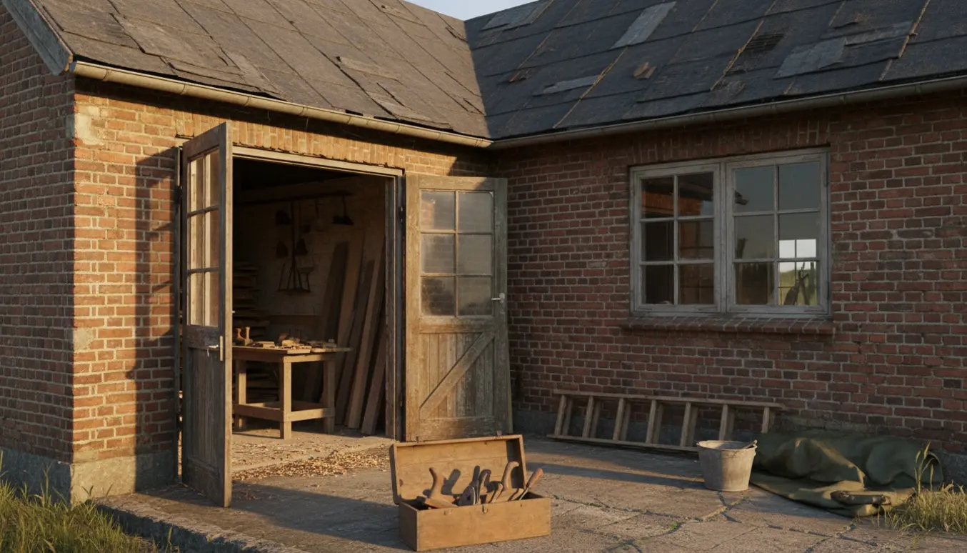 Faldefærdigt murstens vinkelhus fra 1940'erne med tagpap og snedkerudstyr foran værkstedet.