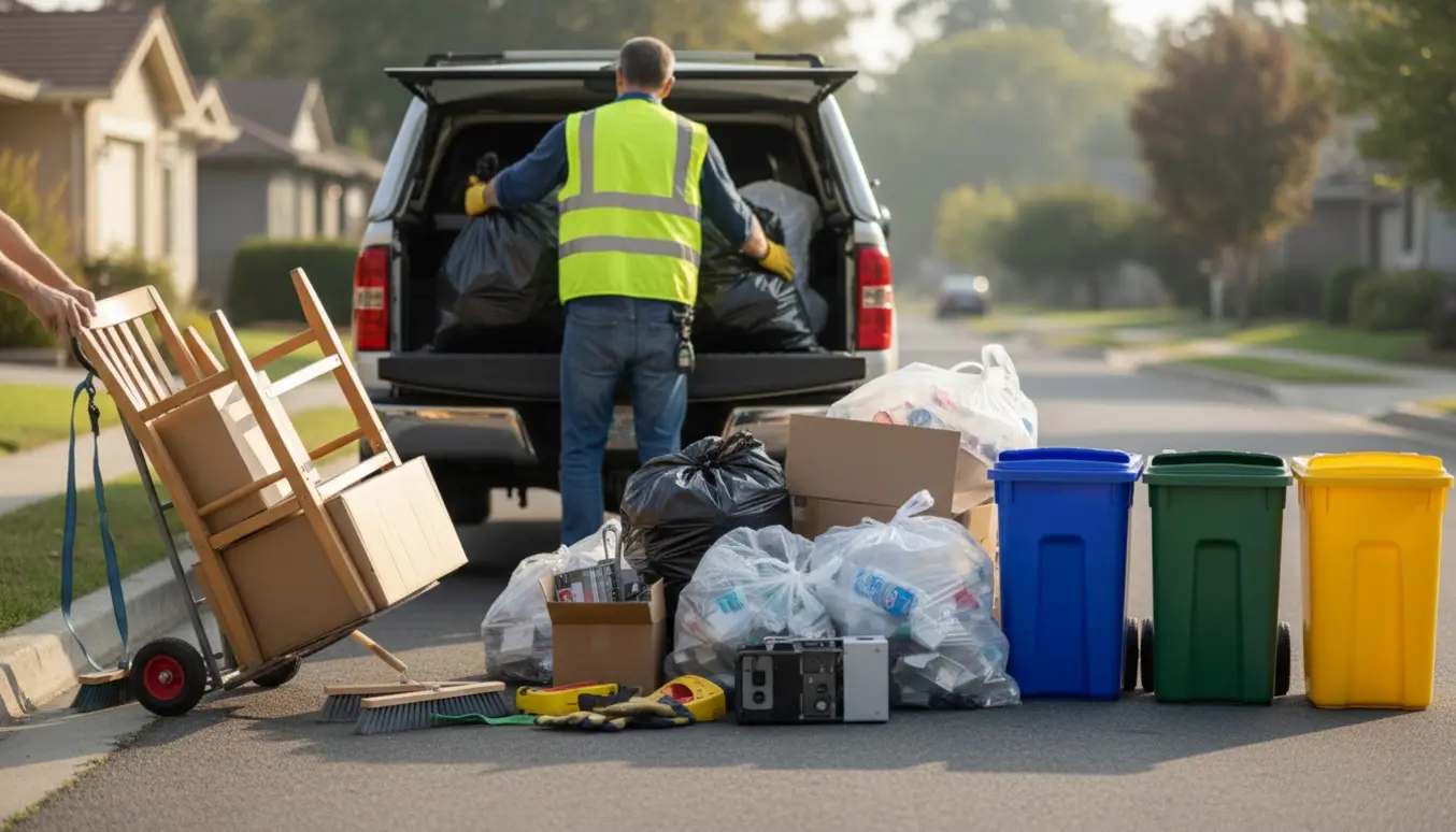 Affald og genbrug læsses i sække og containere ved fortovet på en stille villavej.