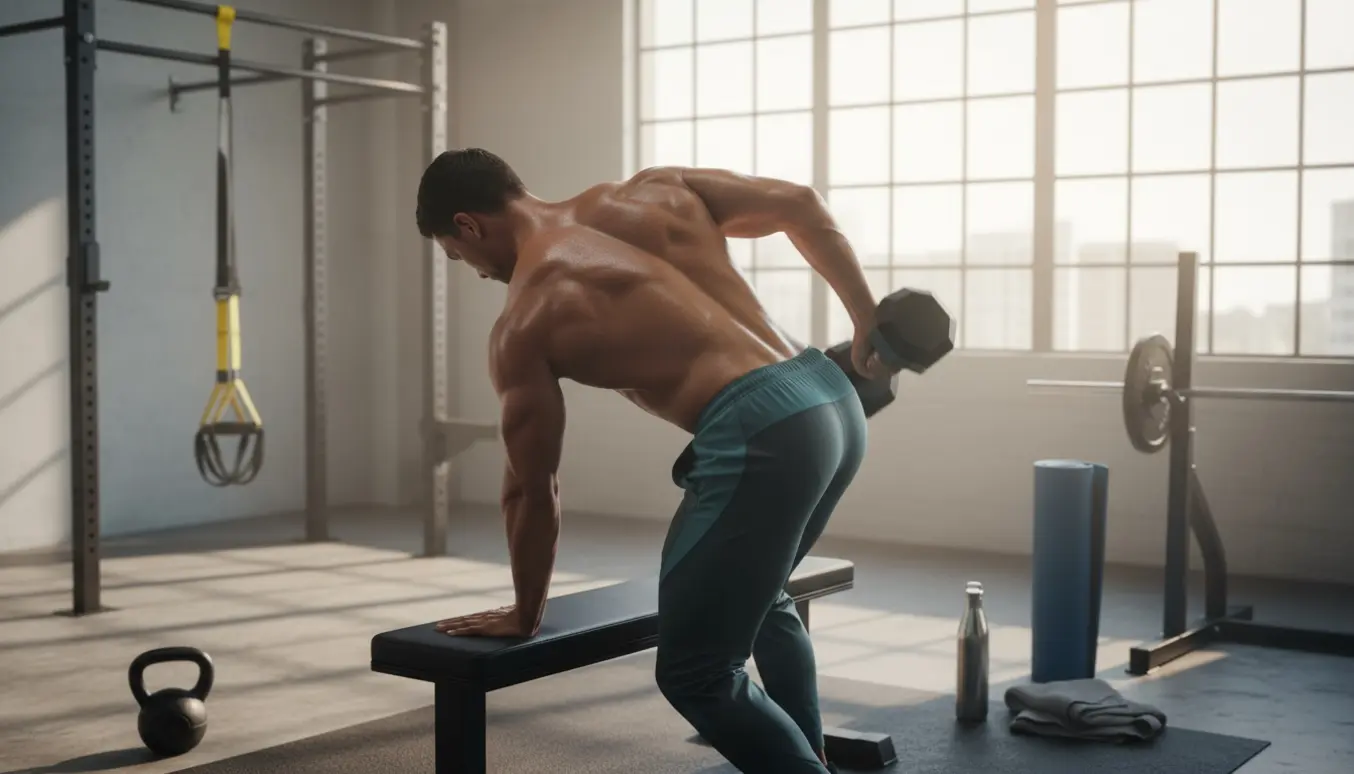 En person laver bent-over row med håndvægt i et lyst træningscenter, fotograferet bagfra.