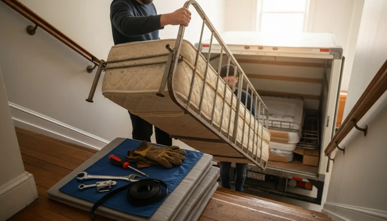 Dobbeltseng adskilt og båret ned ad en trappe mod en åben flyttebil med værktøj og beskyttelsestæpper.