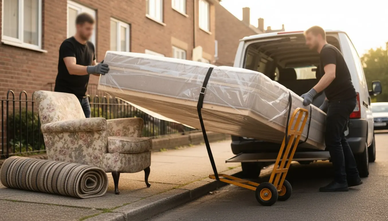En boxmadras pakket ind og løftet ved fortovet klar til storskrald.