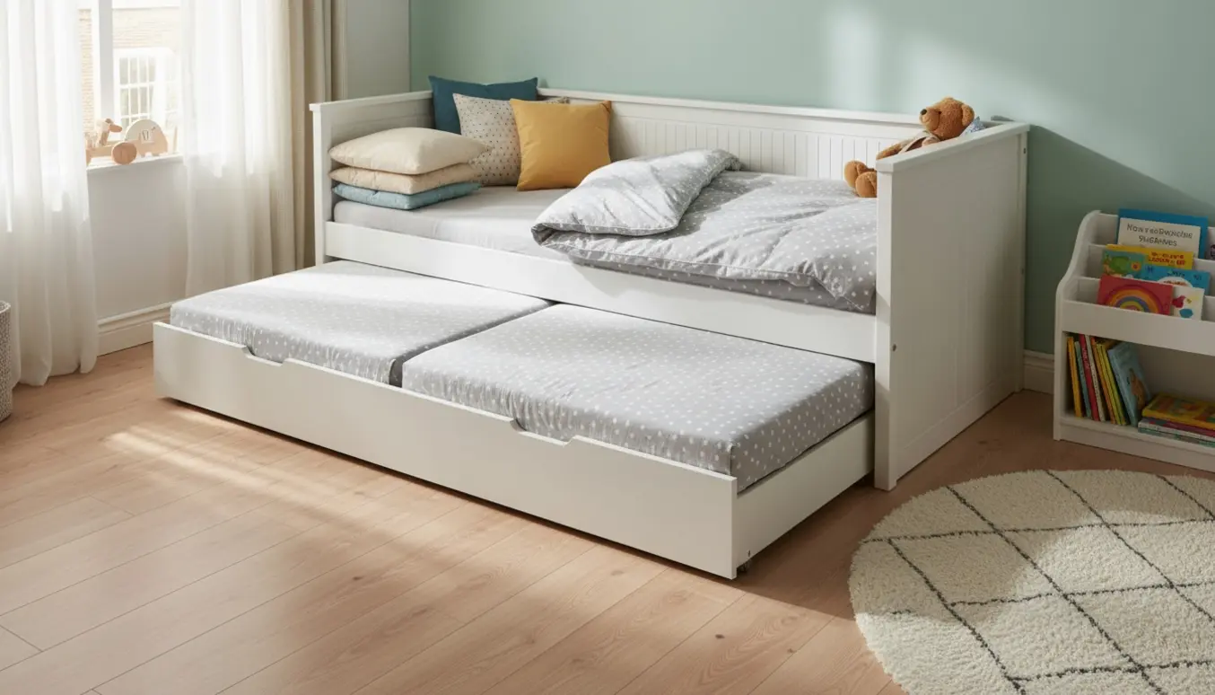 Hvid træ-børneseng i et lyst værelse, trukket ud til en dobbeltseng med puder og legetøj.