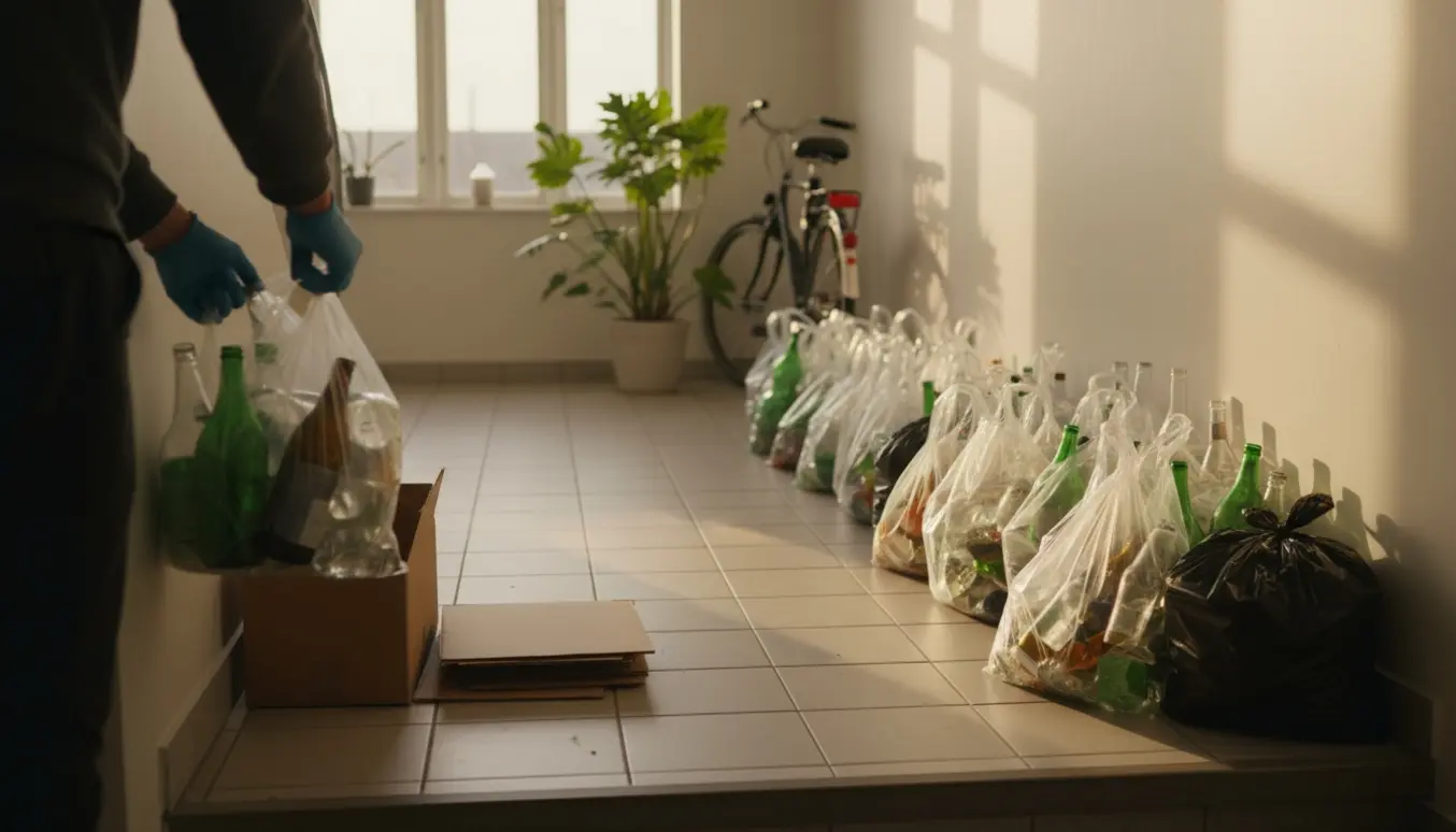 Affaldsposer med glasflasker og pant stablet i en lys opgang i Frederiksberg, klar til afhentning.