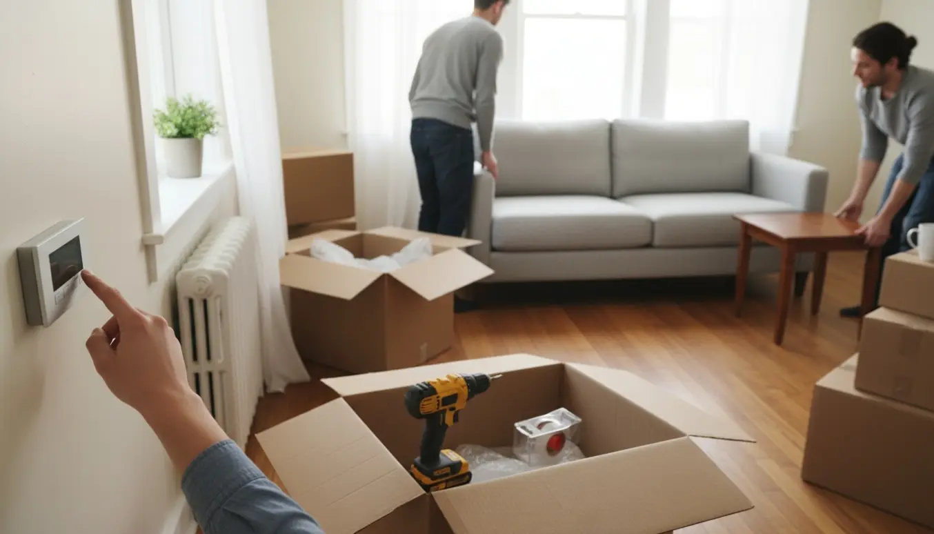 Hænder justerer en elektronisk termostat mens møbler sættes på plads i et lyst, nyindflyttet hjem.