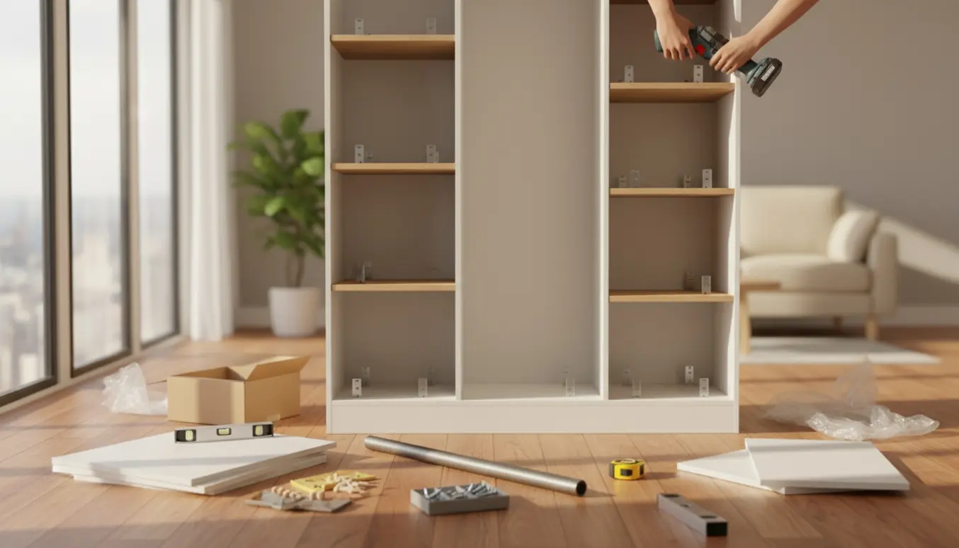 Åbent garderobeskab uden låger under montering i en lys lejlighed med værktøj og hænder i fokus.