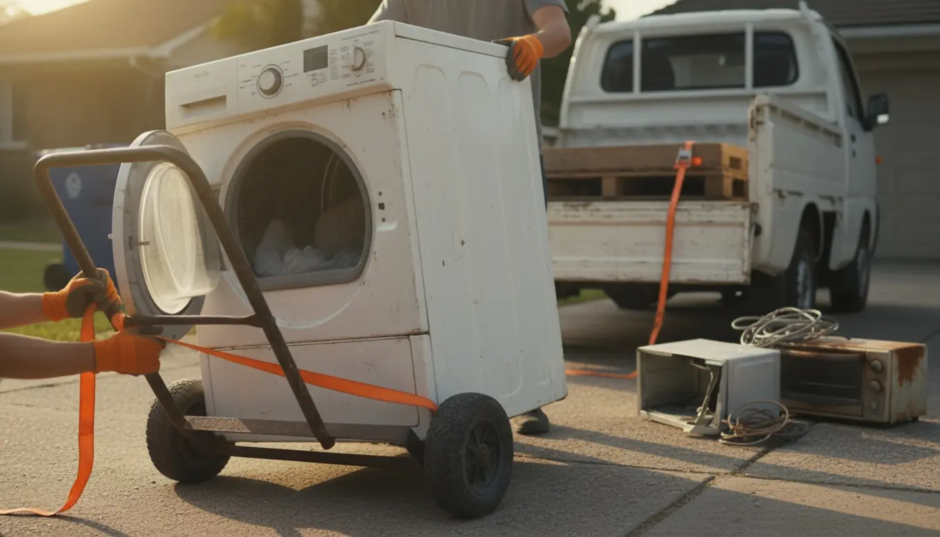 En brugt tørretumbler læsses på en varebil med håndvogn og strop, klar til skrotning.
