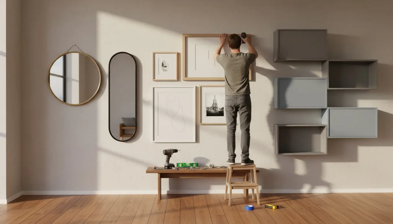 Hænder hænger billeder og spejle op ved siden af seks Montana-reoler i et lyst, moderne rum med værktøj.