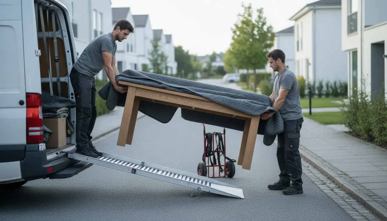 Et par flyttefolk løfter et beskyttet træspisebord ind i en varevogn på en stille forstadsgade.