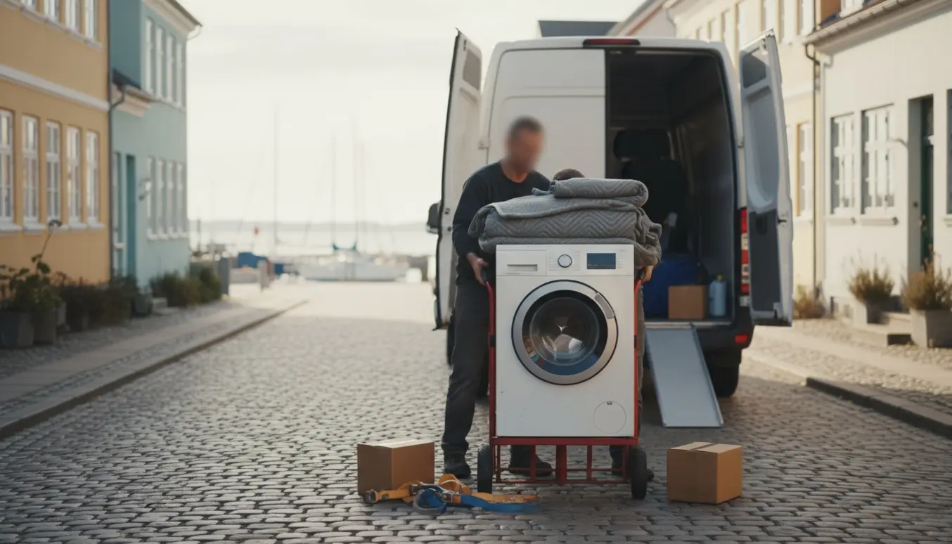 Vaskemaskine på håndtruck løftes ind i en åben flyttevogn på en kystnær gade med kasser og flyttetæpper.