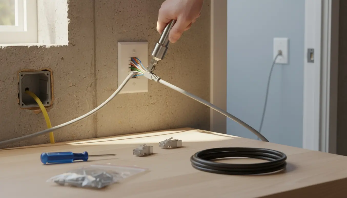 Hænder monterer et RJ45-netværksstik i en væg med værktøj og reservedele.
