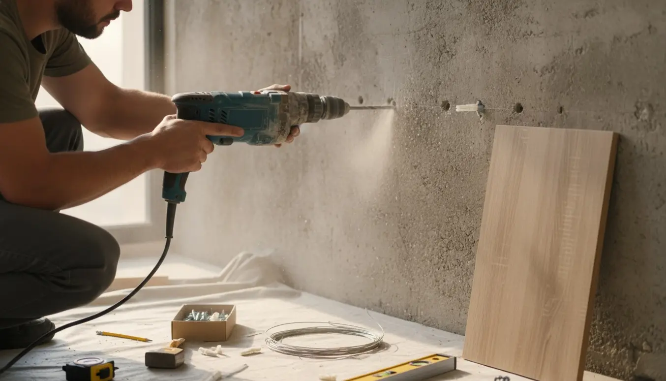 Nærbillede af hænder, der borer huller i en betonvæg for at montere wireophæng og hylder.